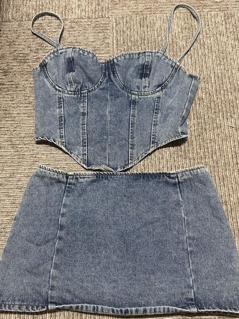 Fitted Denim Corset Top & Mini Skirt Set in Washed Blue